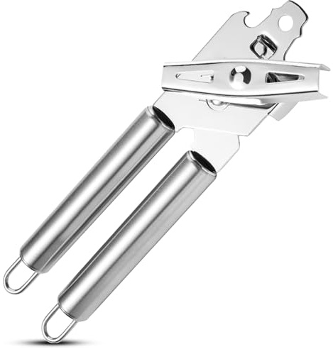 HI NATURE™ Manuell konservöppnare av rostfritt stål – säkerhetsburköppnare utan vassa kanter – ergonomisk konservöppnare med flasköppnare och stor vridknapp – silver