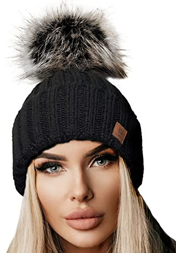 Gorro de lana de punto 4sold Rita para mujer, para invierno, con pompón grande, para esquí y snowboard Negro Negro ( Talla única
