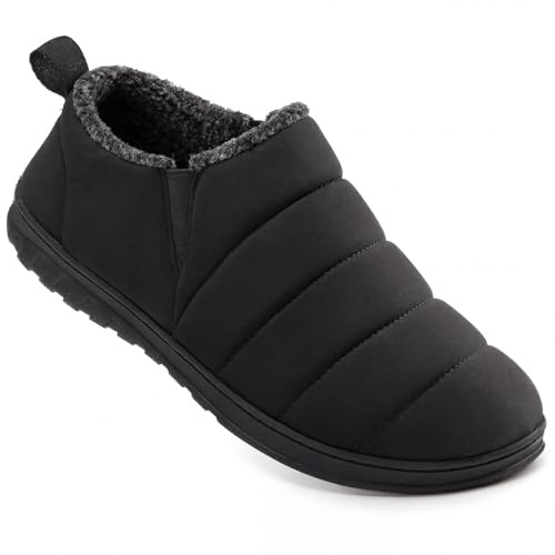 VeraCosy Men's Ankle Mule Slippers Warm Memory Foam with Elastic Gores | P.E.T. Ripstop Quilted Upper, Easy-Wear, Machine Washable, Sherpa Lining, Indoor and Outdoor, Non-Slip Rubber Outsole