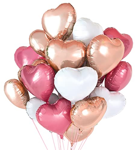 Vamei 24 Pièces Ballon Coeur Helium Ø 46cm Ballon Aluminium Coeur avec Ruban Ballons Helium pour Saint Valentin Mariage Fiançailles Anniversaire Décorations de Fête(Rose Rouge+Rose+Blanc)