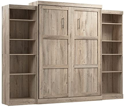 Bestar Pur Queen Murphy 2 Shelving Units, 115-inch Space-Saving Wall Bed with Storage, Rustic Brown