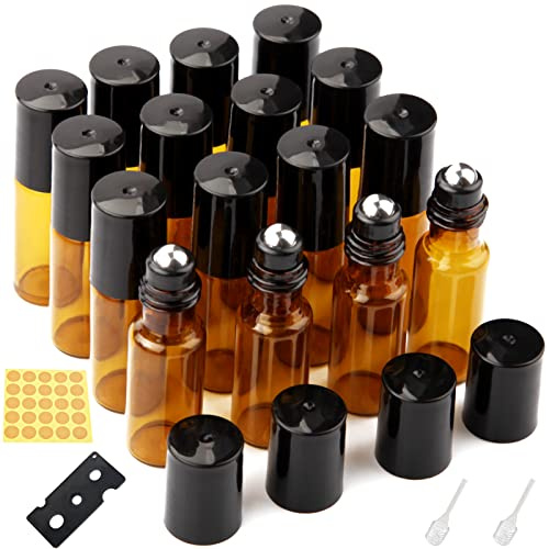 DKBT Roller Bottles for Essential Oils 16Pcs 5ml with Stainless Steel Balls | Amber Glass Empty Roller Ball Bottle Refillable Leak‑proof Small Dropper Bottle for Perfumes Aromatherapy Massage Use