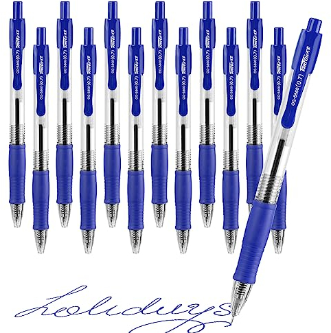 OFFCUP Druckkugelschreiber, 12pcs Blau Kugelschreiber, Gel Ink Pen 0,7 mm Feder Großraumine Kuli Ergonomische Rutschfeste Griffzone Kugelschreiber Set für Büro und Haushalt