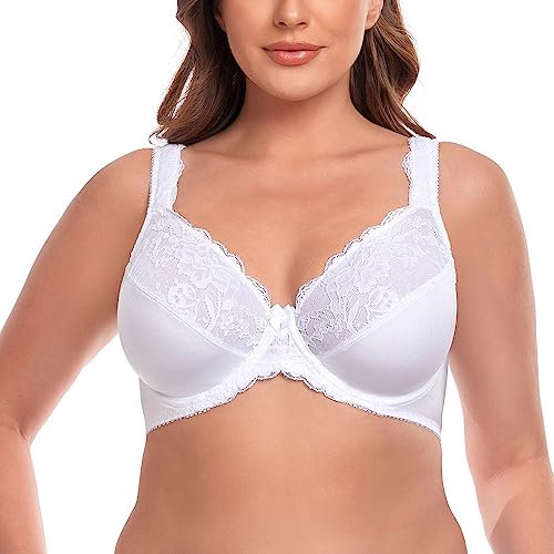 Ayigedu Women's Lace Underwire Minimizer Bra Plus Size Non Padded Comfort Cushion Strap 36-F White