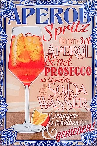 30 x 20 cm - Retro Blechschild, Bar Schild, Cocktail Rezept, Summer Feeling - Aperol Spritz - Prosecco (Rezept bunt)