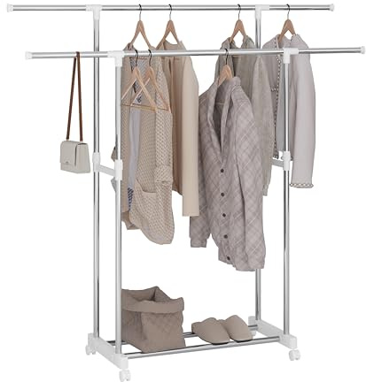 WOLTU Burro Ropa con Doble Barra, Perchero Extensible, Colgador de Ropa con Ruedas y Zapatero, Ajustable, (75,5–151,5) x(94–171) x42 cm, Plateado+Blanco, SRY63sb
