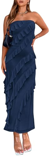 BTFBM Women Summer Elegant Strapless Midi Ruched Bodycon Dress Solid Color Stretch Mesh Slim Party Cocktail Dresses