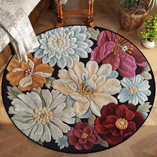 Sedefen Kurzflor Teppich Rund 100 cm Bunt Blumen Muster Terrassen Teppich Dekorative Wohnzimmer Schlafzimmer Vintage Teppich Läufer Indische Boho,Anti-Rutsch Unterseite,Felloptik