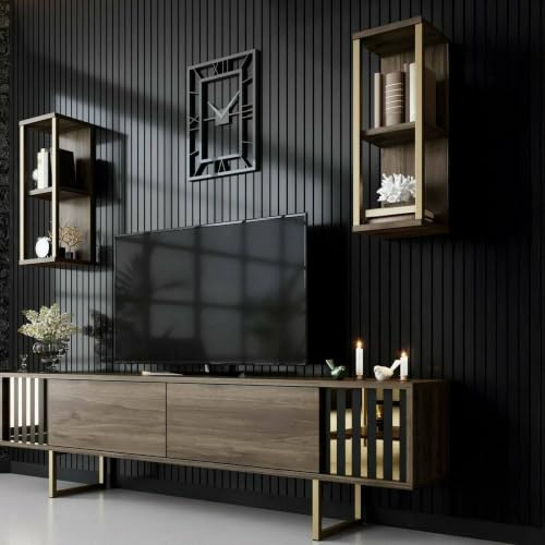 Dmora - Mobile porta TV Eunomia, Credenza da soggiorno, Armadio basso per TV, Base parete attrezzata, 180x30h48 cm, Noce e Nero