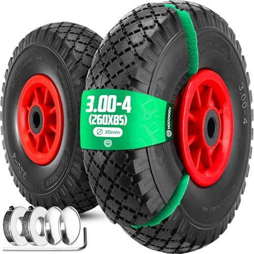 MOOVMOOV 2x Ruedas Antipinchazo 3.00-4 (260x85 mm) - Eje 20 mm - Para Carretilla, Carro y Más. Neumático Macizo con Llanta PVC - Incluye Anillos de Fijación y Tapas Autoblocantes