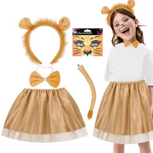 Lejonkostym barn flickor, lejonkostym set småbarn tutu kjol med lejonöron pannband svans ansikte klistermärke fluga tjusiga utklädda kläder flickor för World Book Day halloween jul cosplay