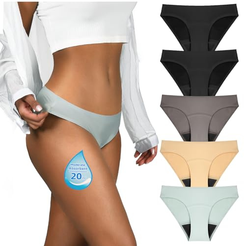 TIICHOO Periodenunterschwäsche Starke Blutung Nahtlos Perioden Bikini Unterwäsche 5er Pack(S, Kaffee/Beige/Rauchgrün/2 Schwarz)