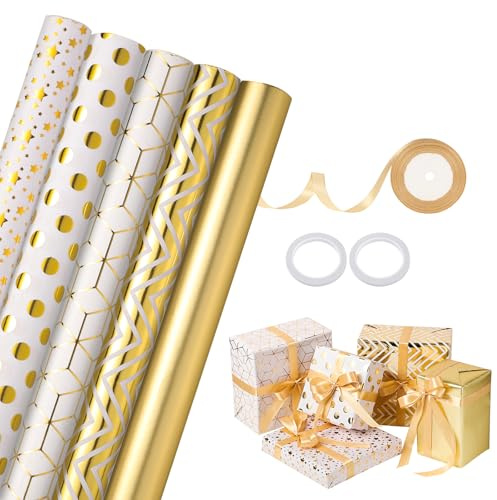woric 5 Rolls Wrapping Paper, 43cm x 3m White and Gold Wrapping Paper Birthday Roll with Gold Ribbon & Tape Gift Wrap Set for Valentine's Day Birthday Wedding Anniversary