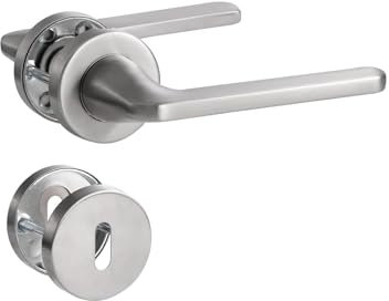 SORWDUERM Poignée de Porte Nickel, Garniture de Prothèse en Acier Inoxydable Brossé Mat, Poignée pour d'Entrée et Porte Intérieure, Forme en L, Rosace Ronde, BB-Poignée à Bille