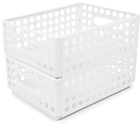 Marte Vanci Plastic Storage Baskets, Collapsible Crate with Handles, Stackable Organising Bins for Shelves, Desk, Cupboard, Handy Organiser Bin for Kitchen Pantry Bathroom Bedroom White 2 Pack