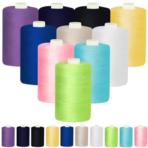 Glarks Kit de 10 pièces de fil à coudre multicolore en polyester de 1000 m, fils en polyester pratiques, fil à broder, fils à coudre pour machines à coudre pour débutants, couture à la main et