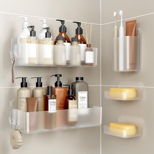 Orimade 5 Piezas Estanteria Ducha,Estanteria Ducha sin Taladro Antióxido,Estante Ducha Transparente