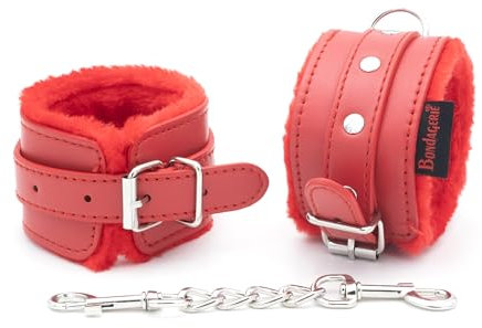 BONDAGERIE® Manette per coppia pelose peluche sexishop rosse 100% materiale sicuro, donna uomo lui lei