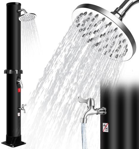 Inoamity Douche Solaire Piscine 60L - Douche Exterieur Solaire Haut de Gamme avec Pommeau de Douche Pivotant à 360° et Douchette pour Les Pieds, Température Réglable Jusqu'à 60°C, 215cm, Noir (60L)