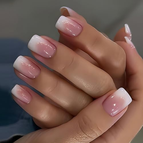 Viugex 24 Pièces Français Faux Ongles Carré Court, Dégradé Rose et Blanc Ongles à Coller, Naturel Glossy Press on Nails, Couverture Complète Acrylique Faux Ongles Autocollants pour Femme et Fille
