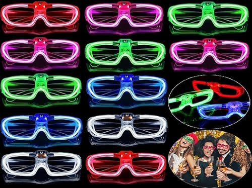 Abiyou Occhiali LED, 12 Pezzi Festa Occhiali Luminosi, Neon LED Occhiali Party, Neon Rave Occhiàli, Occhiali da Festa LED per Feste, Luminosi Glasses, per Fèste, Feste di Compleanno (5 Colore)