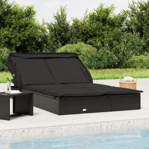 Owoxanthellate 83.9 Dual Outdoor Chaise Lounge Black, Rattan Sunbed with Adjustable Canopy & Thick Cushions, Modern Rectangular Patio Lounger for Garden, Terrace, Poolside Seating