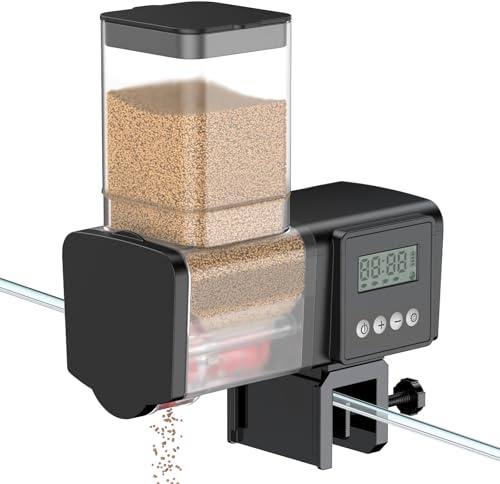 Pawfly Mangeoire automatique pour poissons pour aquarium, 200/450 ml, distributeur de nourriture réglable avec minuterie, mangeoire automatique pour les vacances, fonctionne avec piles (piles non
