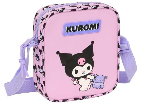Safta | Bandolera Infantil Kuromi, Bolsito Cruzado con Correa Ajustable, Cierre con Cremallera, Diseño Rosa y Lila con Estampado Kuromi, Ligera y Resistente para Vuelta al Cole, Medidas 16x4x18 cm