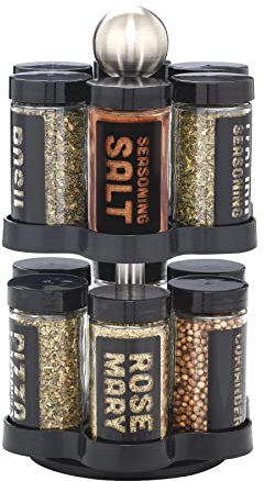 Kamenstein 12 Jar Madison Revolving Countertop Spice Rack with Spices Included, FREE Spice Refills for 5 years, Black Rack with Black Caps