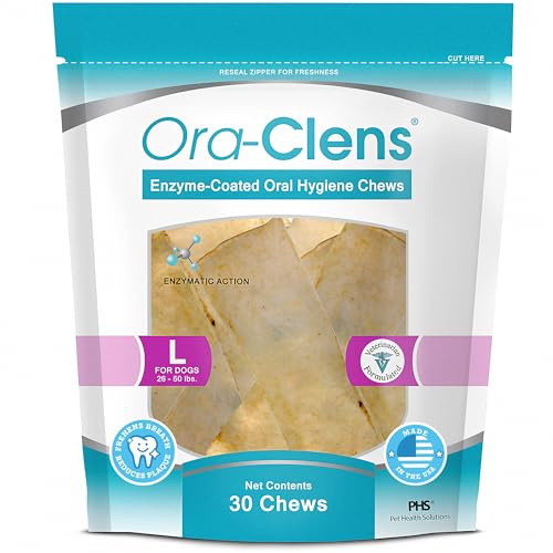 Ora-Clens Oral Hygiene Chews for Large Dogs-Enzymatic Dental Treats for Daily Oral Care, Cleans Teeth and Freshens Breath, Reduces Plaque, Bacteria and Tartar Build Up Without Brushing-30 Chews