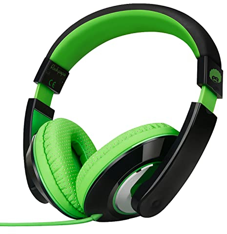 RockPapa Auriculares Niños, Auriculares con Cable Infantil, Plegable, Ajustable, Conector de 3,5 mm, Sonido Estéreo, Over Ear Cascos Niño para Escuela/Tableta/Viaje/Teléfonos, Negro Verde