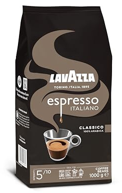 Lavazza, Espresso Italiano Classico, Café en Grano Natural, Ideal para la Máquina de Café Espresso, con Notas Aromáticas Florales, 100 % Arábica, Intensidad 5, Tueste Medio, Paquete de 1 kg