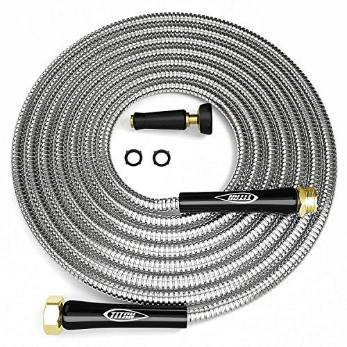 Titan Garden Hose 50FT - 304 Stainless Steel Metal Water Hose, Flexible, Kink-Free, Lightweight, Durable, Crush Resistant Fittings, Easy to Coil, 500 PSI