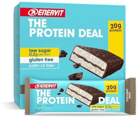 Enervit The Protein Deal Coconut Party, Barritas Proteicas, Sabor Coco y Chocolate Negro, 20g de Proteínas, 0,2g de Azúcares, Snack Delicioso, Sin Gluten, 12 Barritas de 55g