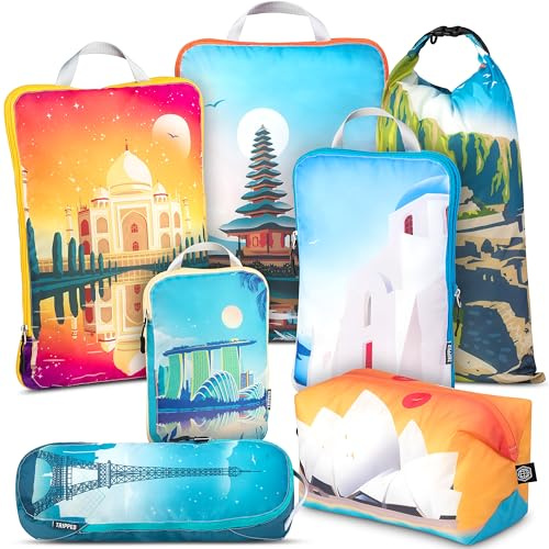 TRIPPED Travel Gear - Cubos de embalaje grandes para viajes, cubos de compresión extragrandes, organizadores de equipaje, juego de 7 piezas, bolsas de compresión ultraligeras y expandibles para ropa