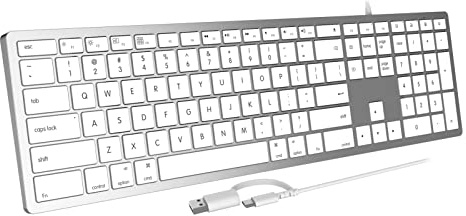 Acebaff Teclado con cable para Mac, compatible con teclado Apple, tamaño completo, 20 teclas de acceso directo multimedia, USB A/USB C, para Apple Mac Pro/Mini, MacBook Pro/Air, iMac