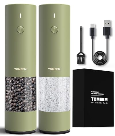Lot de 2 moulins à sel et poivre électriques en acier inoxydable (rechargeables, éclairage LED, avec broyeur en céramique réglable, brosse, cuillère en bois) Moulin à épices électrique, vert