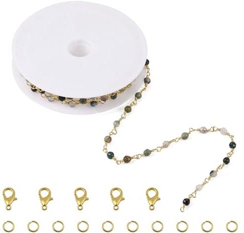 FASHEWELRY 1 m naturlig mossagat pärlkedjor facetterade runda stenlänkar gör-det-själv kedjearmband halsband tillverkning kit med hummerlås, hoppringar