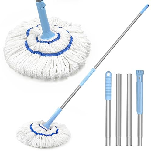 NEWE Mocio Autostrizzante per la Pulizia del Pavimento, Aggiornato 45 cm Ampia Microfibra Mocio Rotante, 140 cm Manico Lungo Bagnato Asciutto Cucina Facile Mop Lavapavimenti (Blu Chambray)