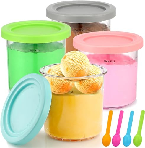 Eisbehälter Dessert Tubs, 4 Stück Ninja Creami BehäLter mit Deckel und 4 Löffeln, Eiscreme Behälter für Ninja Creami, Eiscremebehälter, Spülmaschinenfest, Genießen Sie Gelato, Sorbets, Milchshakes