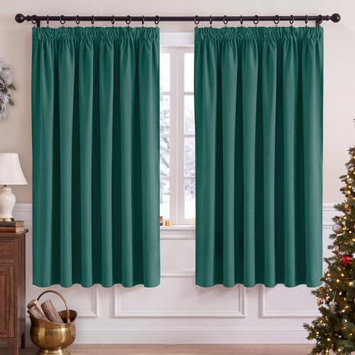 PONY DANCE Blackout Pencil Pleat Curtains, Dark Green, W90 x L72, 2 Panels | Thermal Insulated Curtains with Noise Reducing & Privacy, Luxury Soft Window Treatment for Bedroom & Living Room