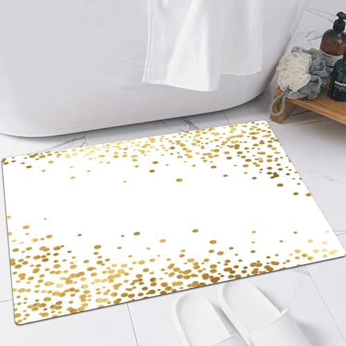 EMFSLA rutschfest Badezimmer Badeteppiche,Weich Hochflor Saugfähig Badvorleger Waschbar Flauschige Mikrofaser Badematte,Metall weiß Feier Gold Glitzer Tupfen gelb Spritzer funkeln,40x60 cm