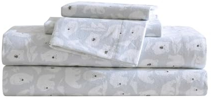 Eddie Bauer - Sábanas Queen, Juego de Ropa de Cama de Franela de algodón, Cepillado para Mayor suavidad, decoración acogedora para el hogar, Certificado Oeko-Tex (Explorer Bears Grey, Queen)