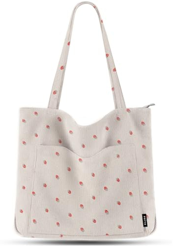 Prite handväska dam kasse shoppingväska stor axelväska snöre väska tygväska för högskola arbete resor shopping, Jordgubbe vit, 45 x 11 x 40 cm