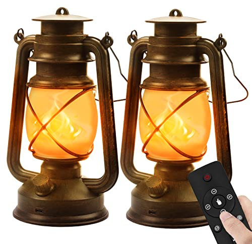 Hzitcigm LED Vintage Laternen Batteriebetrieben, 2 Stück LED Laternen für Draußen Hängend Laterne mit Fernbedienung USB Wiederaufladbare 4 Modi Realistische Flackerflamme Camping Deko für Garten