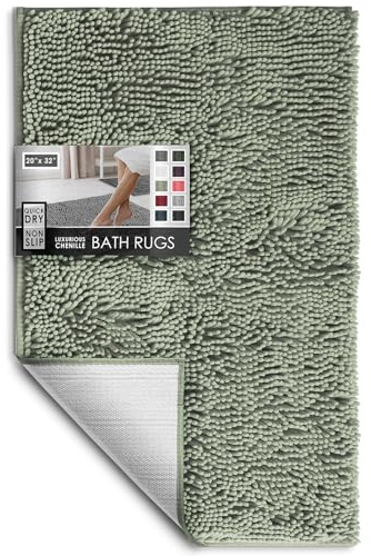 Hearth & Harbor Bathroom Rugs, Chenille Bath Mat - Machine Washable Bath Mats for Bathroom Non-Slip Backing Rubber, Quick Dry Bathroom Mat, Medium Sage