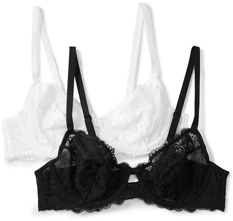 Amazon Essentials Sujetador Balconette de Encaje Elástico Mujer, Paquete de 2, Blanco/Negro, 85C
