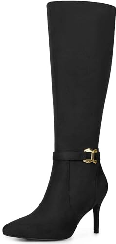 Allegra K Botas altas hasta la rodilla con hebilla y cierre lateral y tacón de aguja para mujer, Black, 40 EU