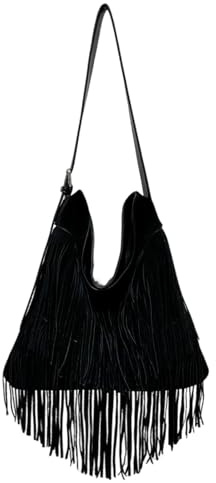 CORIOS Sac à Main pour Femme avec Franges Style Boho en Suédé Cuir PU Sac Bandoulière Tendance Sacs Portés Épaule Noir