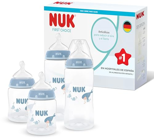 NUK First Choice Babyflaschen | 0-3+ Monate | 150ml & 300 ml | Anti-Kolik-Trinkflasche | PP | Temperature Control Anzeige | Wal | 4 Stück